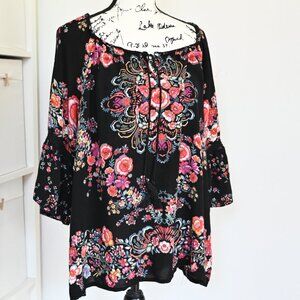 Bila Blouse Women's XL Black Floral Paisley Kimono Ruffle Sleeve Tasseled Boho